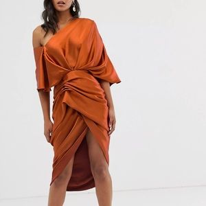 Burnt Orange Silk One Shoulder Cut Out Dress